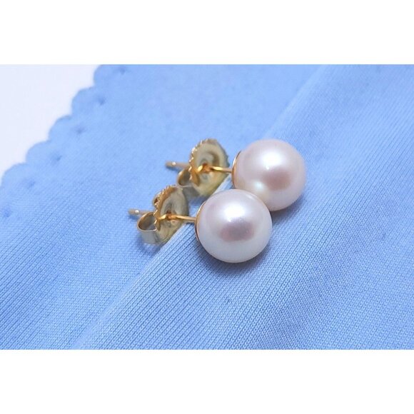 Beautiful 14K Karat Solid Yellow Gold Designer Round Pearl Stud Earrings - Picture 4 of 16